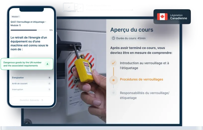 Maquettes d’ordinateurs portables et de téléphones de la formation en ligne Verrouillage et étiquetage, des icônes pour la disponibilité des appareils et un insigne de la législation canadienne