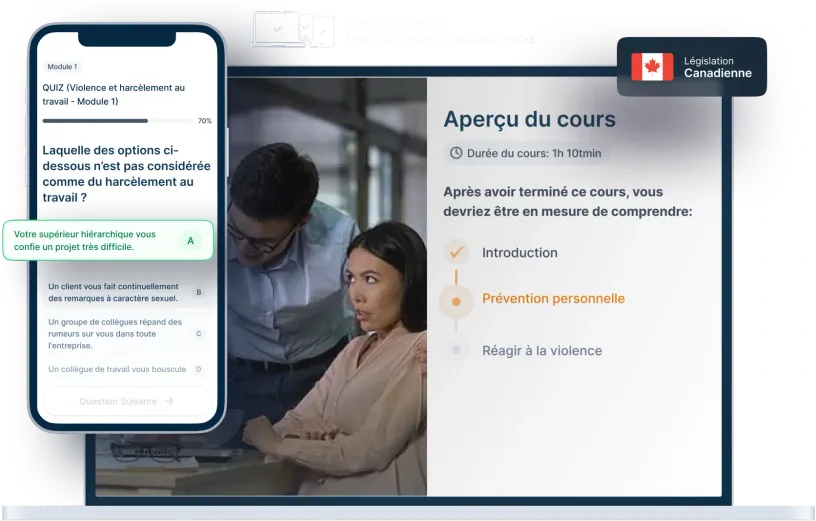 Maquettes d’ordinateurs portables et de téléphones de la formation en ligne Violence et harcèlement en milieu de travail, des icônes pour la disponibilité des appareils et un insigne de la législation canadienne