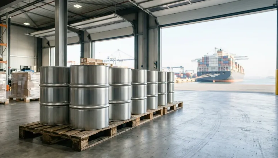 Chemical drums and shipping containers in a distribution facility, representing globally harmonized chemical classification