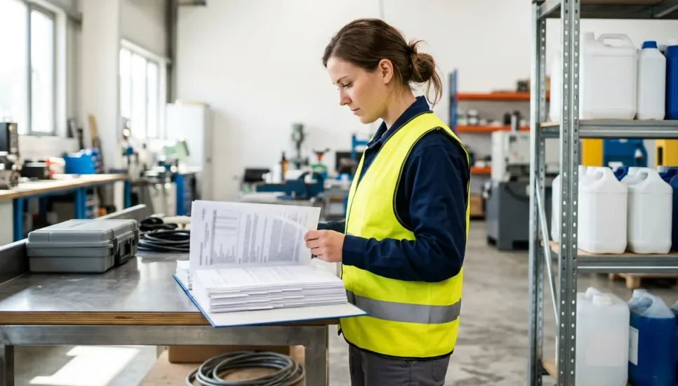 Worker consulting a safety data sheet binder beside chemical storage shelves