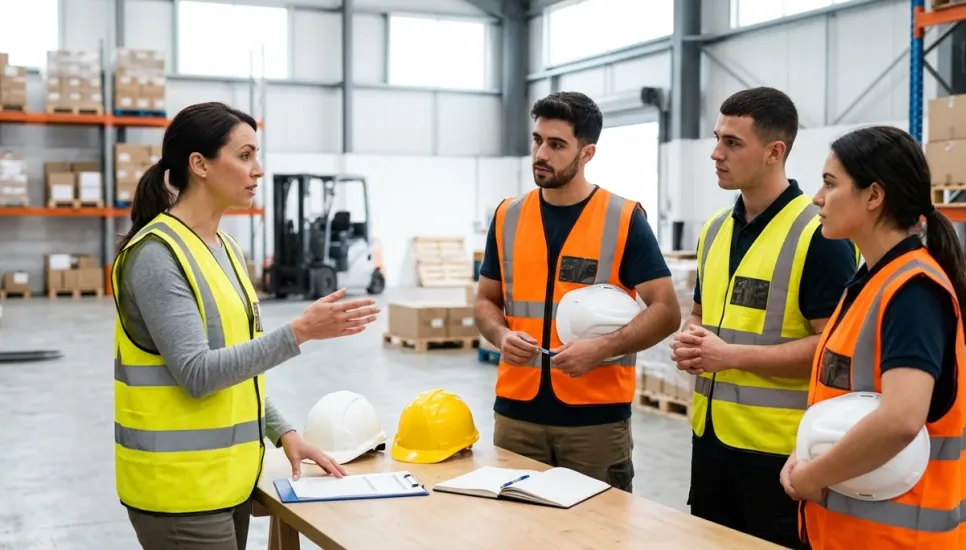Supervisor leading a WHMIS safety briefing with warehouse workers