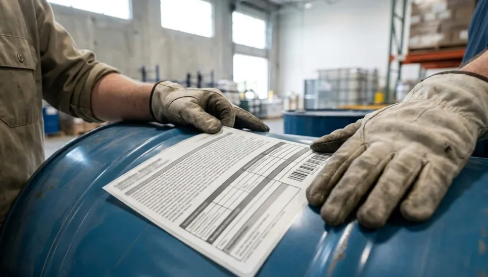 Worker applying a supplier label to a chemical drum in a Canadian warehouse