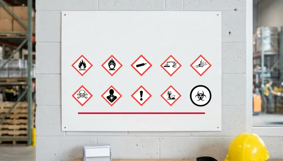 All 10 official WHMIS hazard pictograms displayed on a training poster in a warehouse