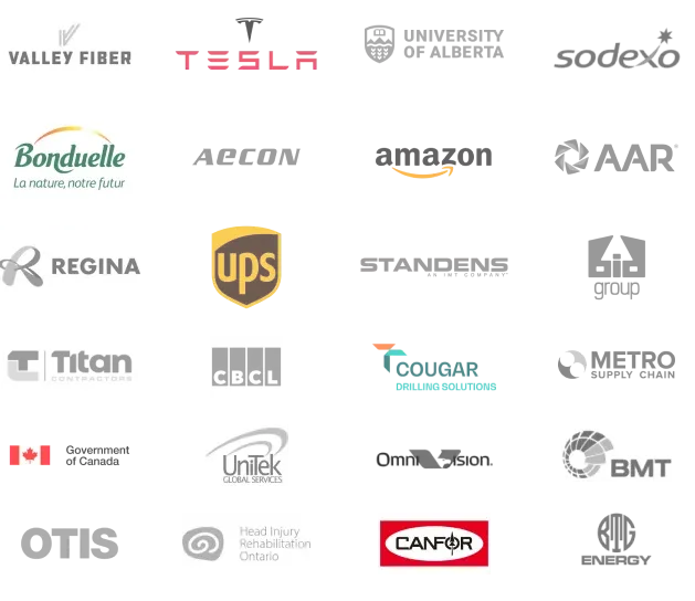 Collage of company logos showcasing partnership with over 25,000 Canadian organizations, representing 200,000+ trained workers and highlighting years of expertise in providing a user-friendly online training environment.