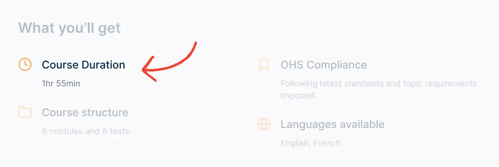 Product page preview highlighting the section displaying course duration information.