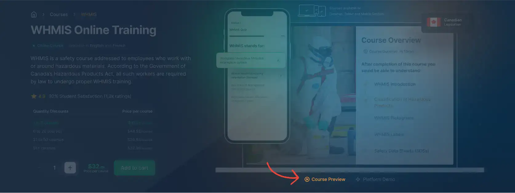 Product page preview emphasizing the 'Course Preview' button, allowing users to access a 3-minute demo of the program.