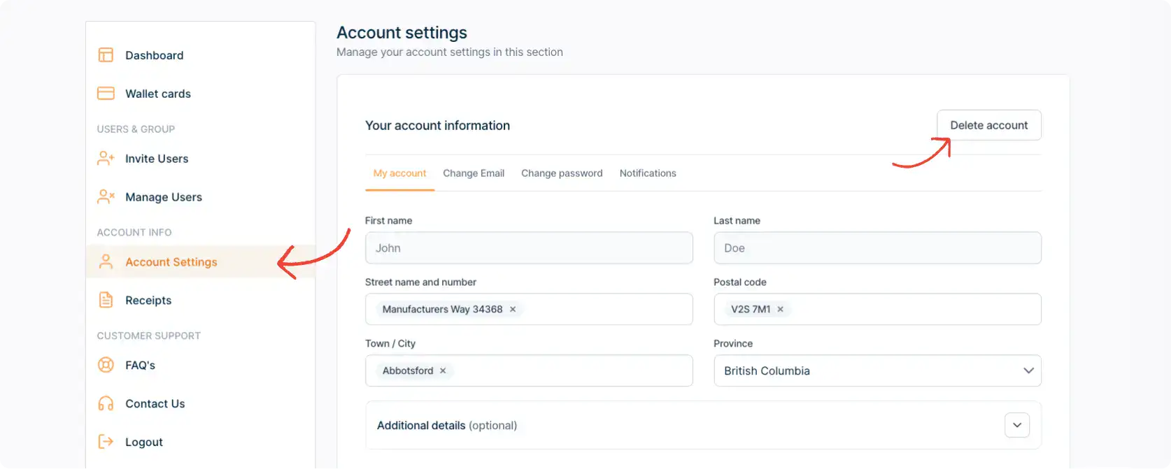 User panel preview of the 'Account Info' page, emphasizing the 'Delete Account' option for users wishing to remove their account from eSafetyFirst.