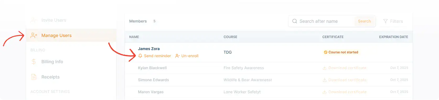 User panel preview of the 'Manage Users' page, highlighting the 'Send Reminder' button for a worker who hasn't started the course and may not have received the invitation.