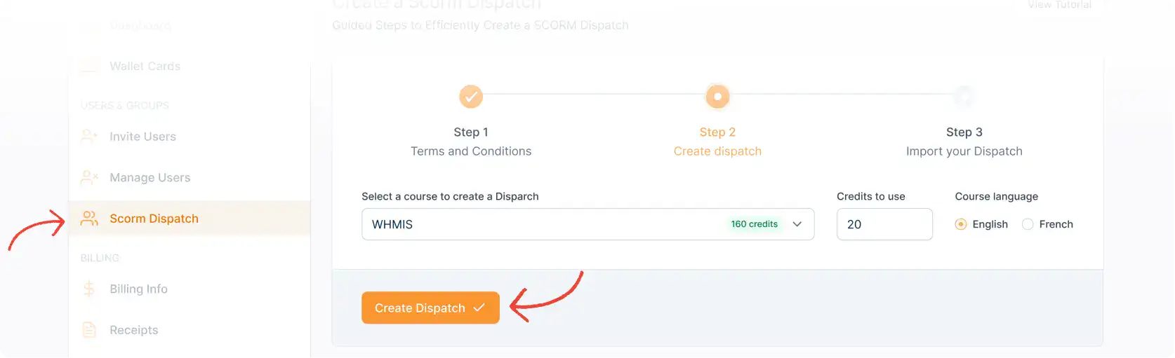 User panel preview of the 'SCORM Dispatch' page, guiding users on how to create a dispatch for importing courses into their LMS.