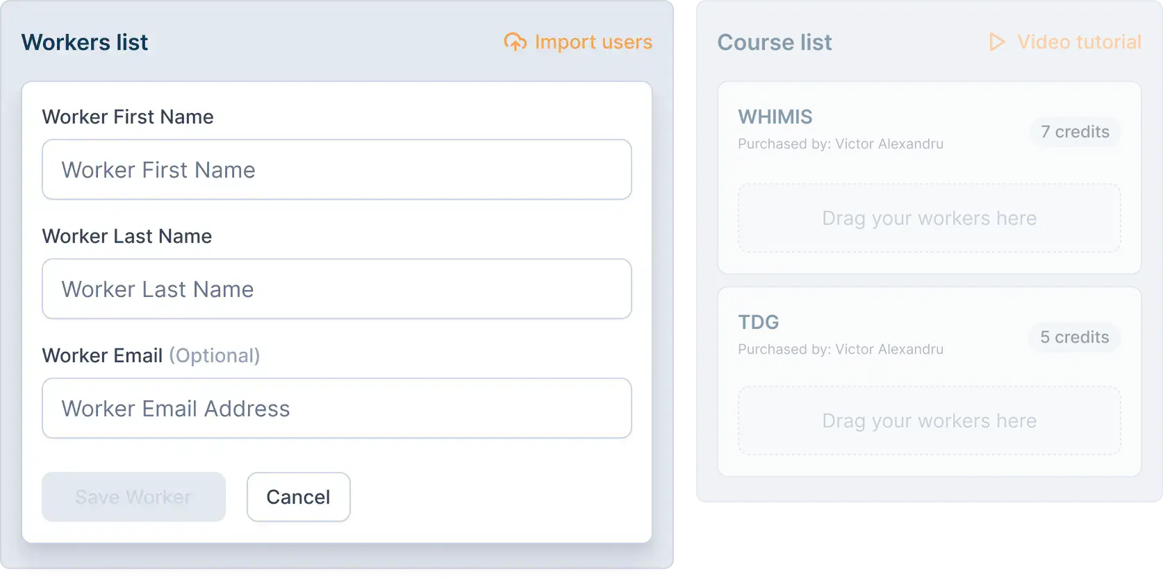 Section preview showing the worker invitation process, highlighting that the email address field is optional.
