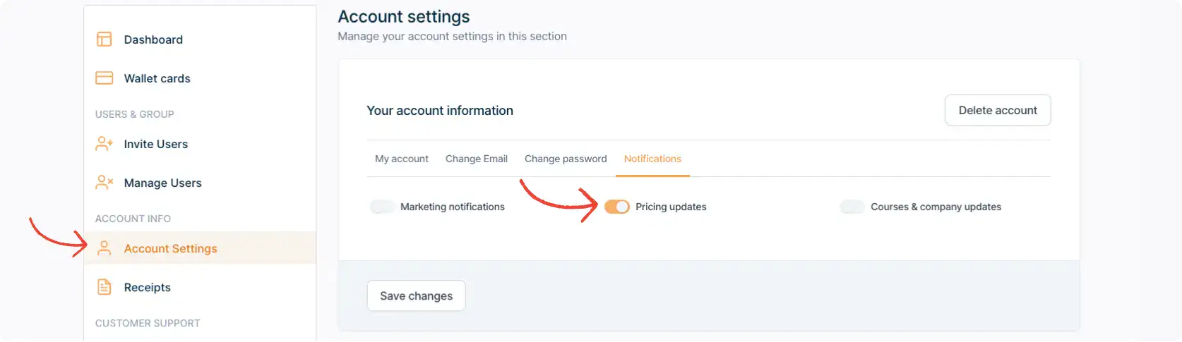 User panel preview of the 'Account Info' page, highlighting the 'Notifications' tab where users can manage and unsubscribe from specific email communications.