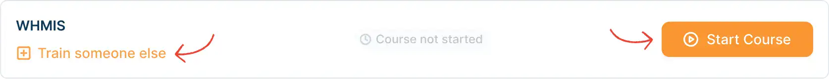 Platform preview highlighting the 'Train Someone Else' and 'Start Course' buttons for correct name assignment on certificates.