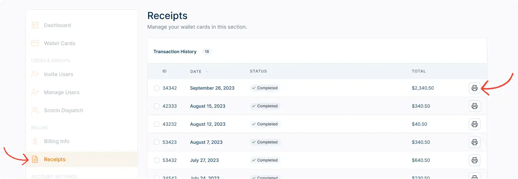 User panel page preview of the 'Receipts' section, displaying a list of all transactions with a 'Print Receipt' button for each.