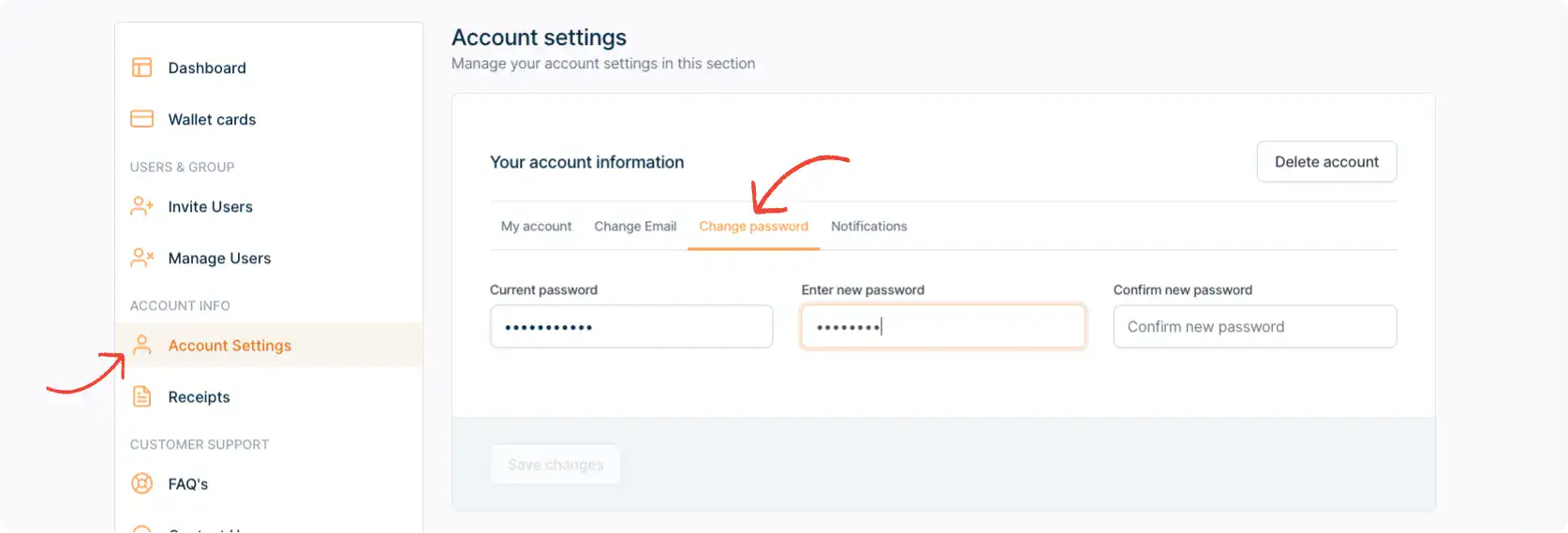 User panel preview of the 'Account Info' page, highlighting the 'Change Password' option for users to update their password.