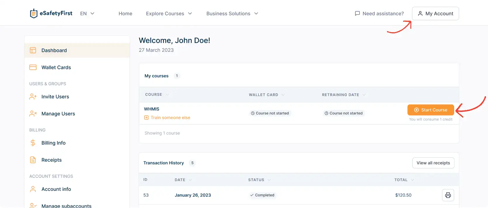 User panel dashboard preview showing the courses section with the 'Start Course' button highlighted next to a specific course.