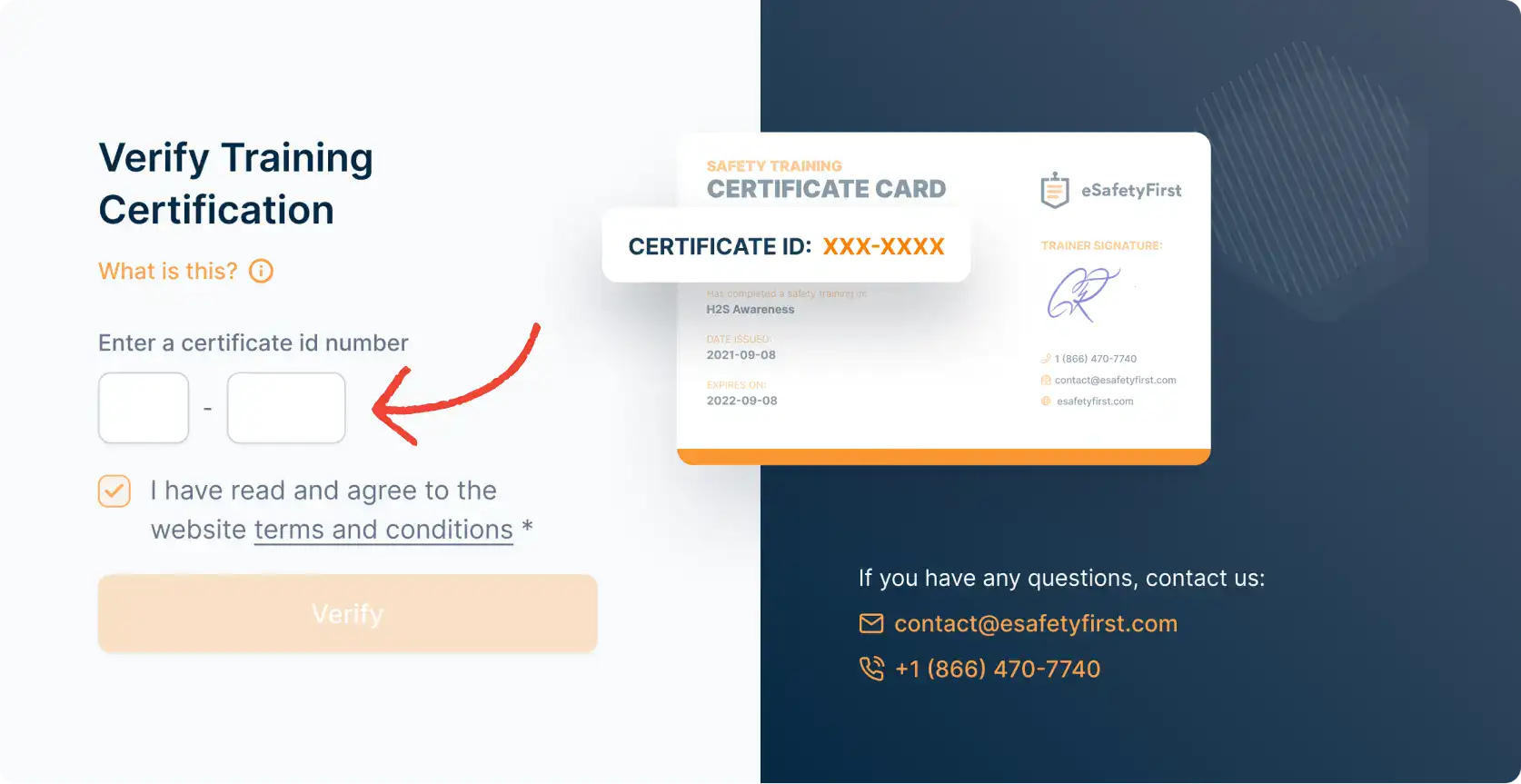 Preview of eSafetyFirst's 'Verify Training Certification' page, prompting users to enter the unique certificate ID number for validation.