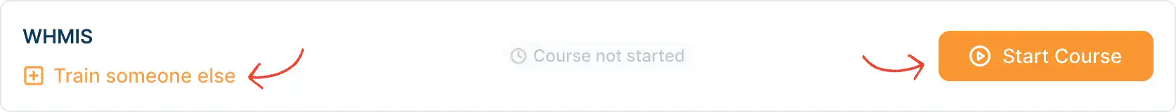 User panel preview displaying an unstarted course with options 'Train Someone Else' and 'Start Course', allowing the purchaser to assign the course to another individual or start it themselves.