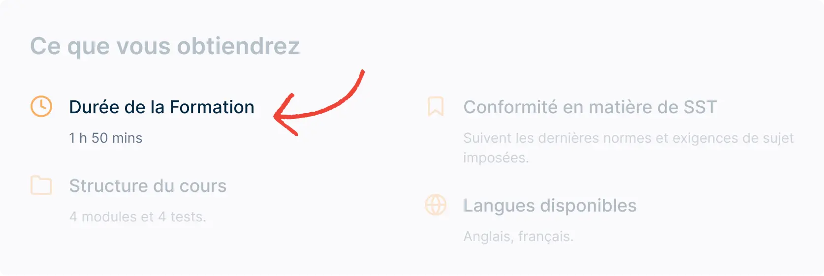 Product page preview highlighting the section displaying course duration information.