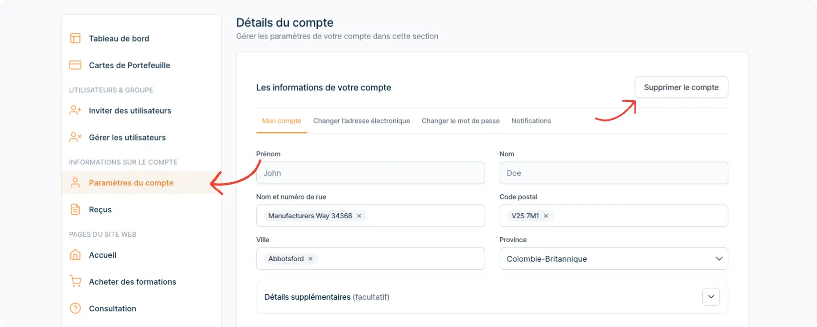 User panel preview of the 'Account Info' page, emphasizing the 'Delete Account' option for users wishing to remove their account from eSafetyFirst.