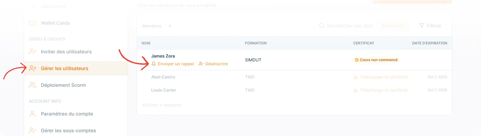 User panel preview of the 'Manage Users' page, highlighting the 'Send Reminder' button for a worker who hasn't started the course and may not have received the invitation.