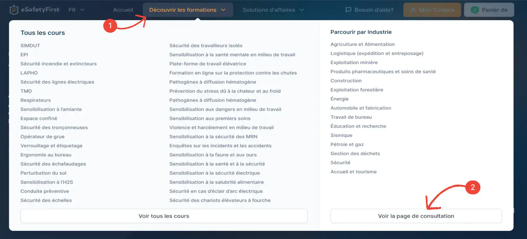 Website menu preview showing 'Explore Courses' with a list of all available courses and a glimpse of the 'Consultation Page' highlighting different industries for guidance on course selection.