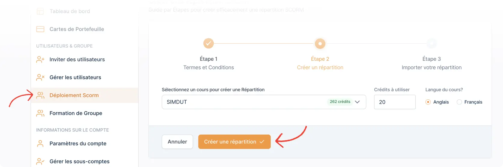 User panel preview of the 'SCORM Dispatch' page, guiding users on how to create a dispatch for importing courses into their LMS.