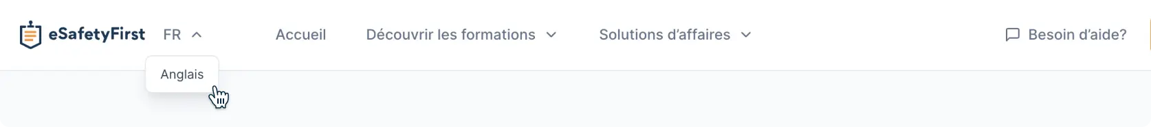 Aperçu du menu du site Web montrant les options de changement de langue pour l’anglais et le français, permettant aux utilisateurs de sélectionner leur langue de cours préférée.
