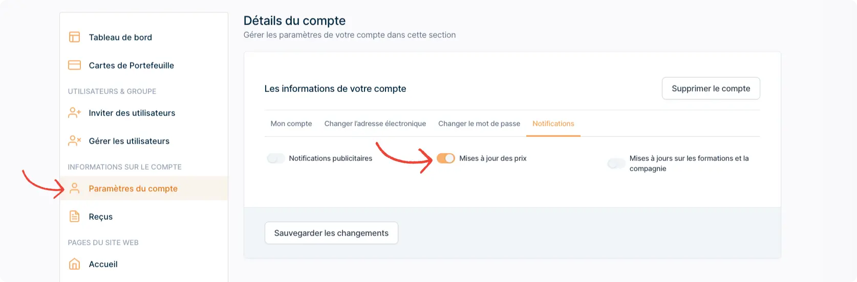 User panel preview of the 'Account Info' page, highlighting the 'Notifications' tab where users can manage and unsubscribe from specific email communications.