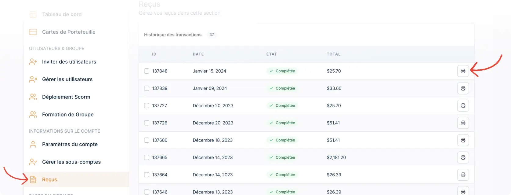 User panel page preview of the 'Receipts' section, displaying a list of all transactions with a 'Print Receipt' button for each.