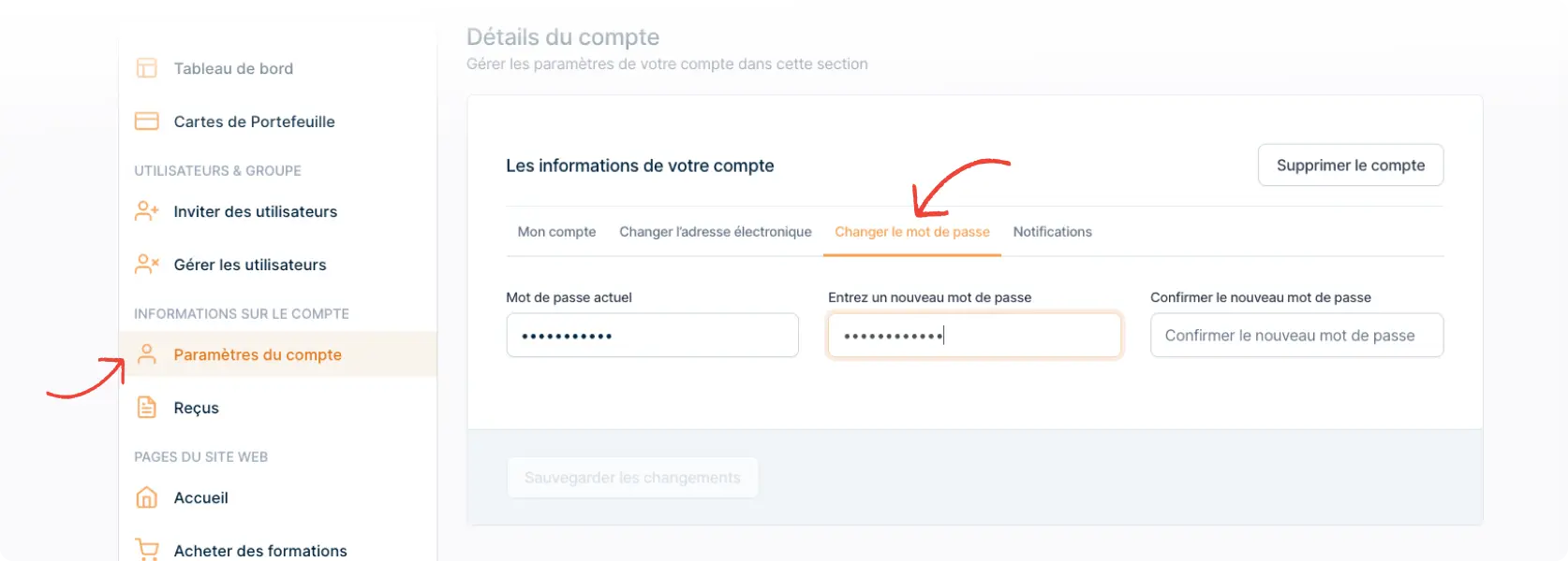 User panel preview of the 'Account Info' page, highlighting the 'Change Password' option for users to update their password.