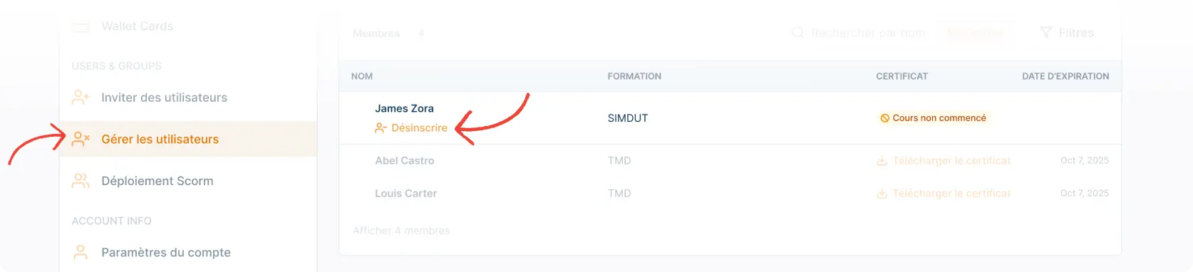 User panel preview of the 'Manage Users' page, emphasizing the 'Un-enroll' button for a worker who hasn't started the course yet.