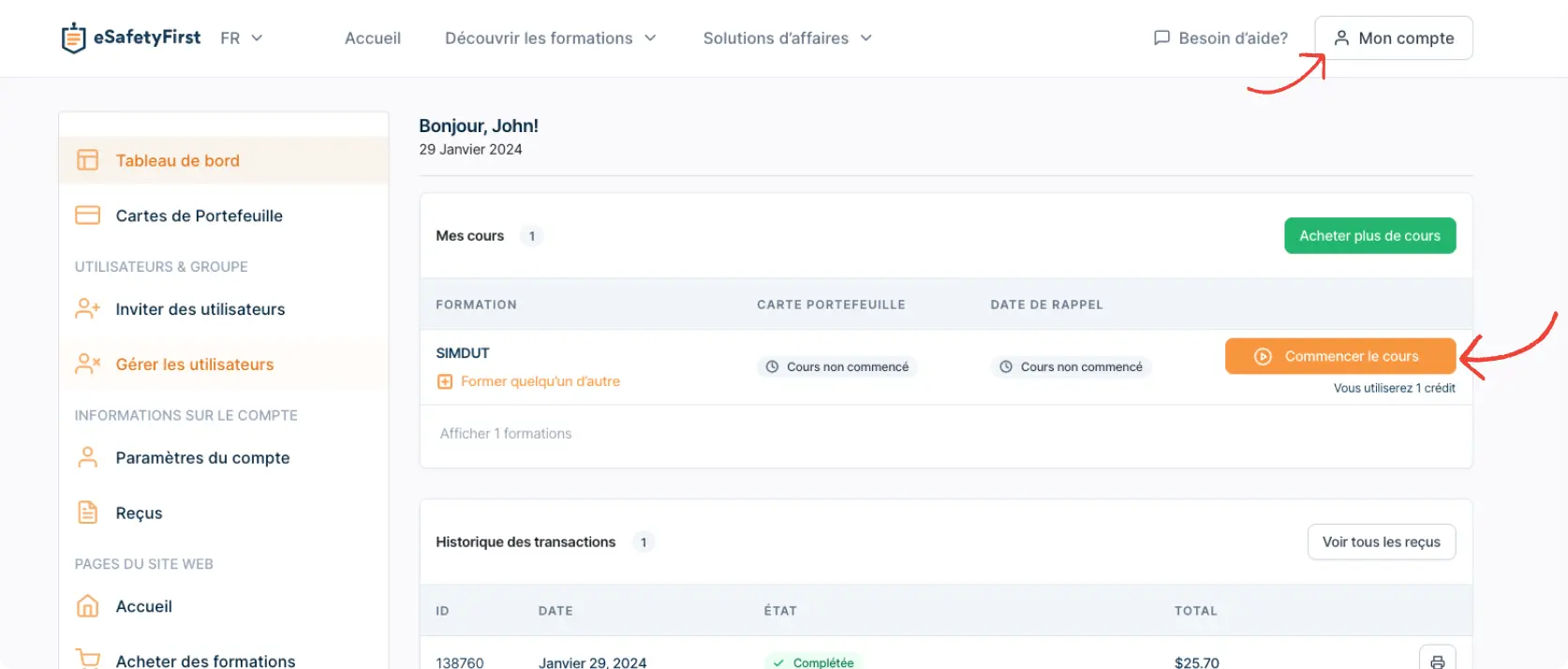 User panel dashboard preview showing the courses section with the 'Start Course' button highlighted next to a specific course.