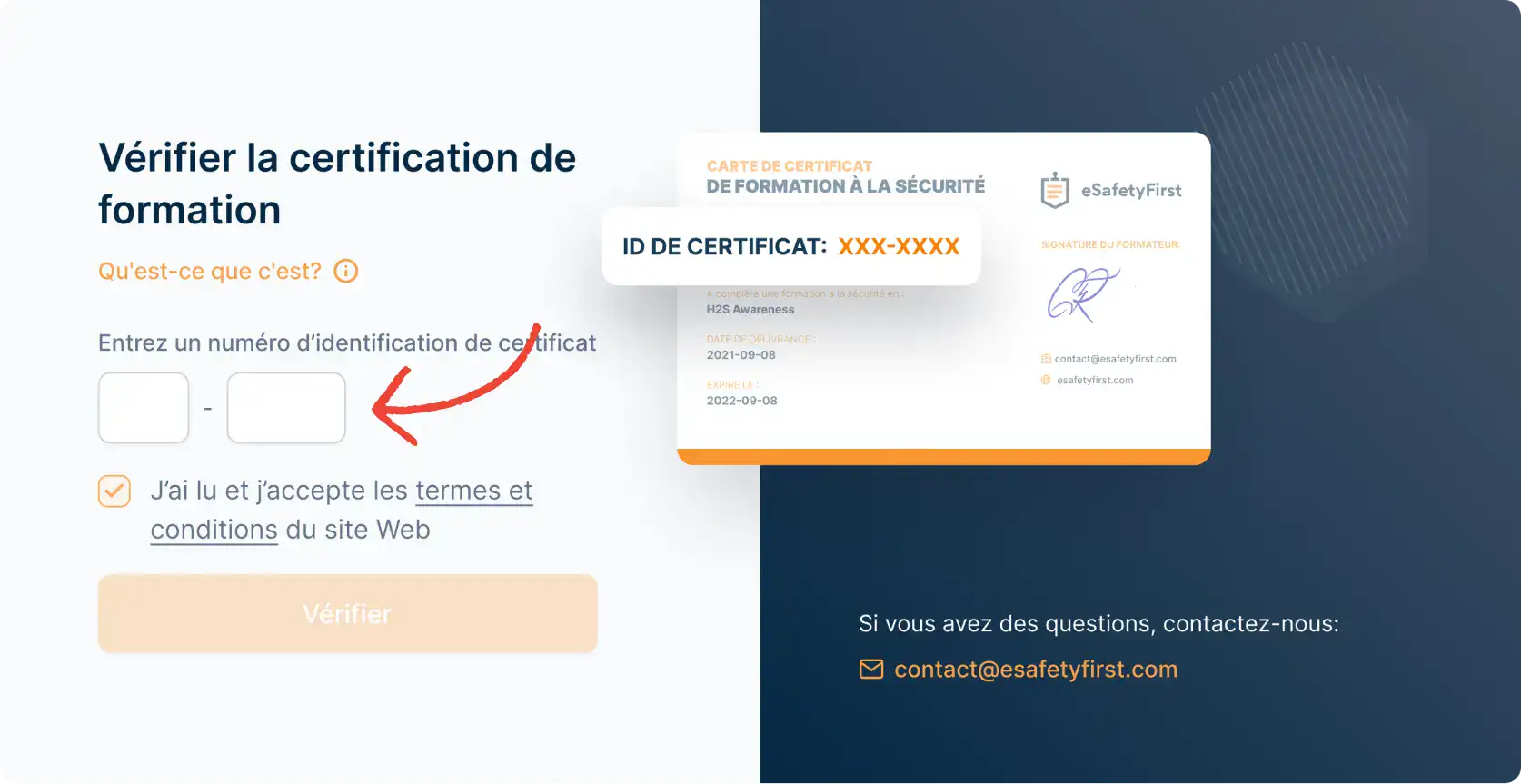 Preview of eSafetyFirst's 'Verify Training Certification' page, prompting users to enter the unique certificate ID number for validation.