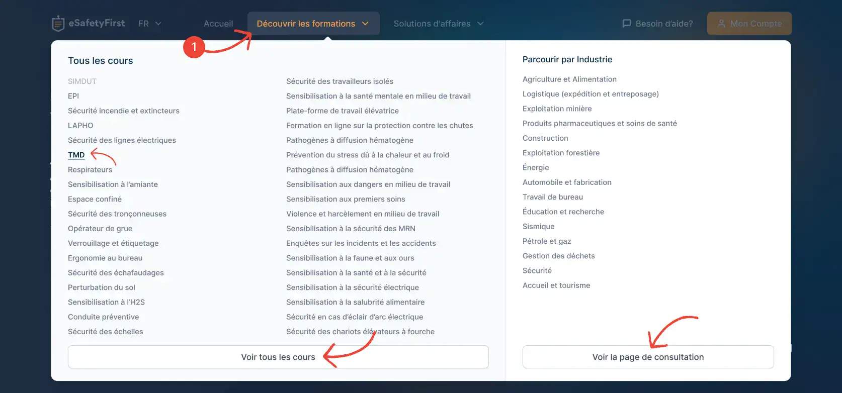 Website menu preview under 'Explore Courses', highlighting the 'View All Courses' button and the 'View Consultation Page' for guidance on course selection.