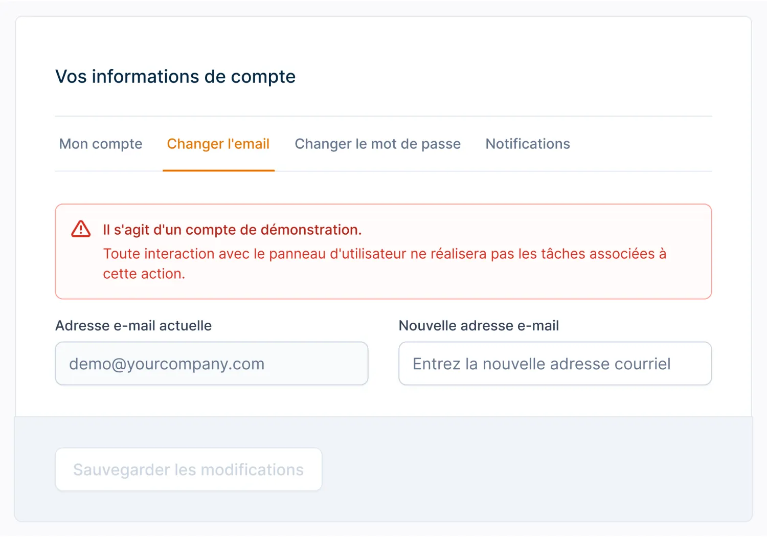 Notification mettant en évidence l’état du compte de démonstration et les fonctionnalités limitées pour les interactions des utilisateurs