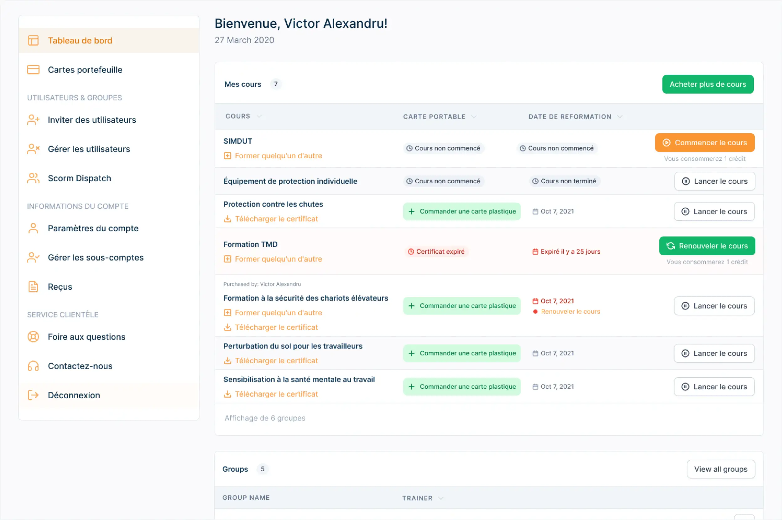 Aperçu du tableau de bord du compte utilisateur avec le menu de navigation sur les options d’interaction gauche et centrale