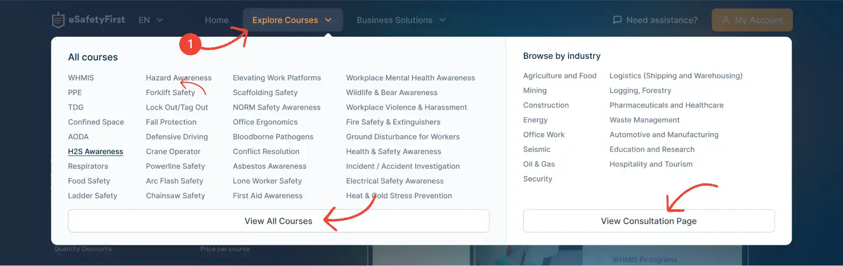 Website menu preview showing 'Explore Courses' with a list of all available courses and a glimpse of the 'Consultation Page' highlighting different industries for guidance on course selection.