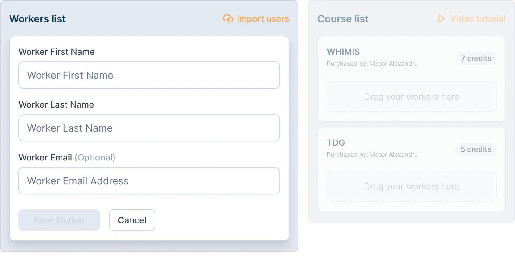 Showing how to import and assign workers to their courses on eSafetyFirst account