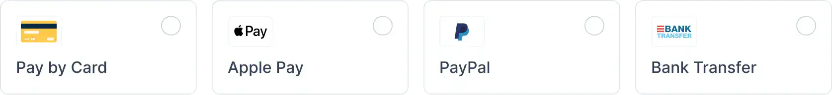 Payment options preview showcasing 'Pay by Card', 'Apple Pay', 'PayPal', and 'Bank Transfer' methods available on eSafetyFirst.