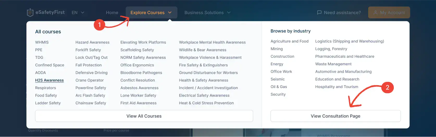 Website menu preview under 'Explore Courses', highlighting the 'View All Courses' button and the 'View Consultation Page' for guidance on course selection.