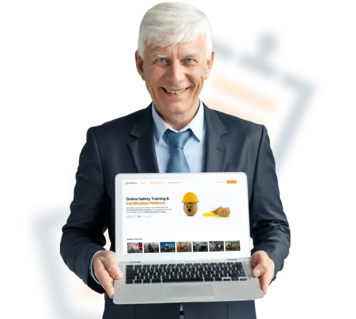 Senior entrepreneur holding a laptop showcasing the eSafetyFirst website