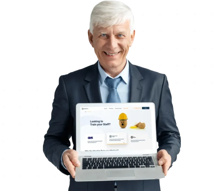 Senior entrepreneur in business attire holding an open laptop displaying the eSafetyFirst website, symbolizing powerful business solutions and platform features for training and certification.