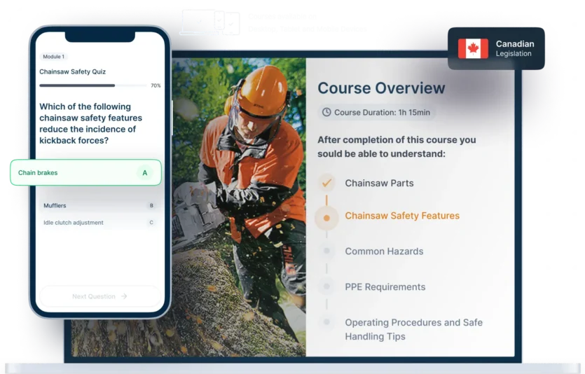 Laptop and phone mockups of Chainsaw Safety Online Training, icons for device availability, and Canadian legislation badge