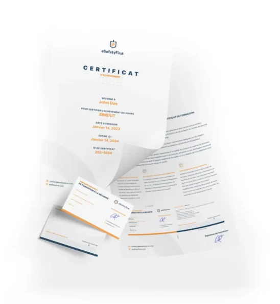 Certificat de SIMDUT imprimable et carte portefeuille laminée, présentant les côtés avant et arrière