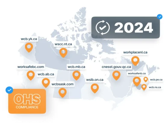 Canadian map with updated and OHS compliance badges, highlighting industry recognition across states