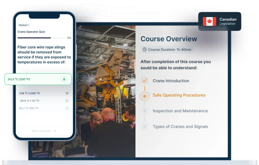 Laptop and phone mockups of Crane Operator Online Training, icons for device availability, and Canadian legislation badge