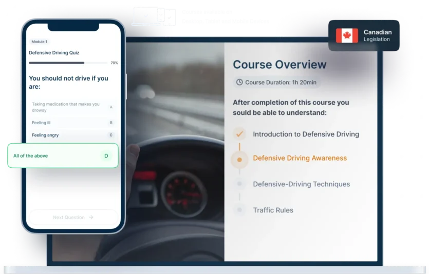Laptop and phone mockups of Defensive Driving Online Training, icons for device availability, and Canadian legislation badge