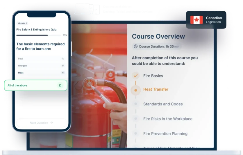 Laptop and phone mockups of Fire Safety & Extinguishers Online Training, icons for device availability, and Canadian legislation badge
