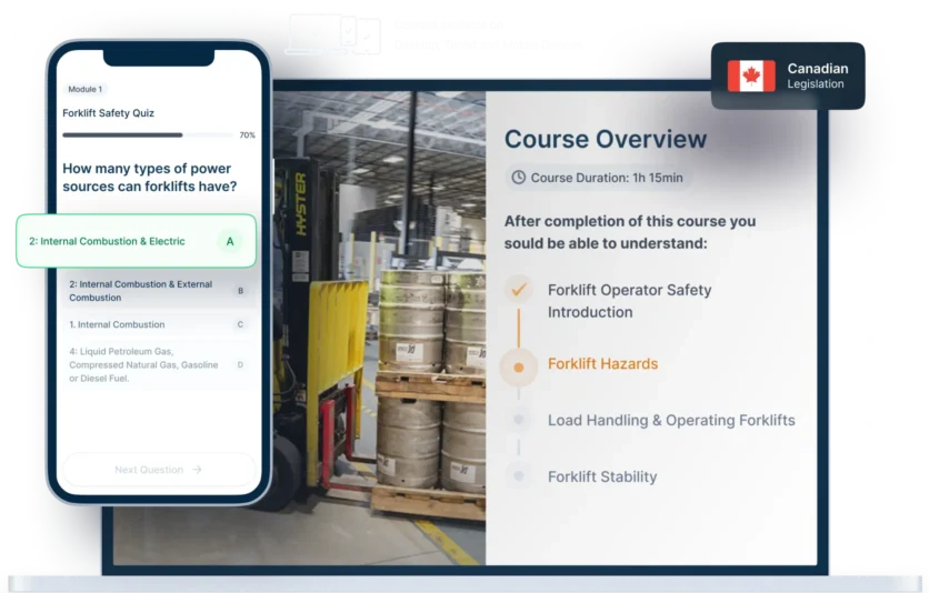 Laptop and phone mockups of Forklift Safety Online Training, icons for device availability, and Canadian legislation badge