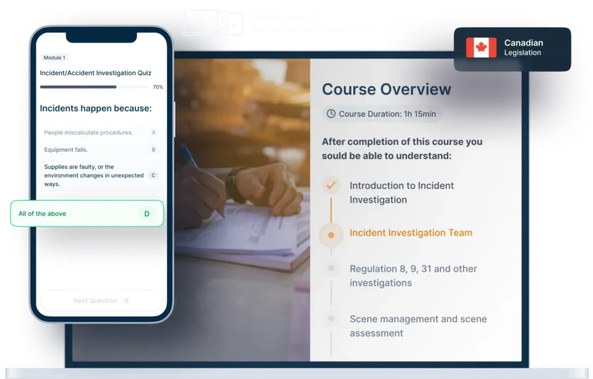 Laptop and phone mockups of Incident/Accident Investigation Online Training, icons for device availability, and Canadian legislation badge